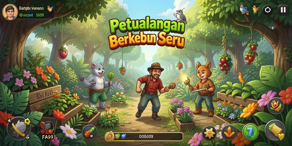 Screenshot dari gameplay menarik FA99 dengan kebun yang indah.