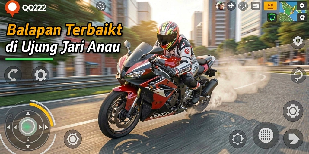 Gameplay seru balapan motor di trek menarik.
